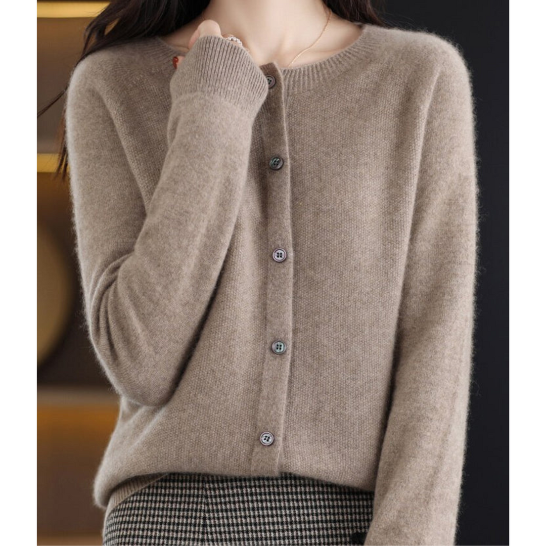 Women's long-sleeve button-front knit cardigan with ribbed trim