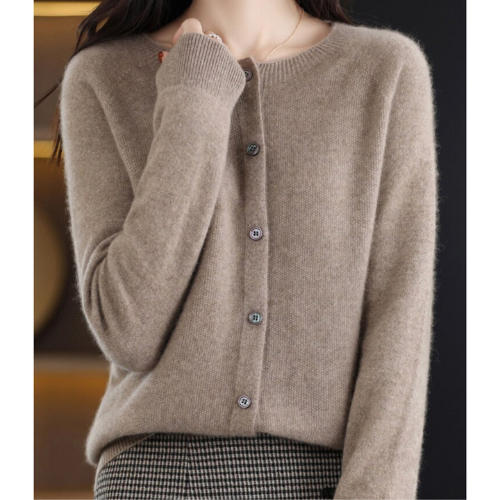 Women's long-sleeve button-front knit cardigan with ribbed trim