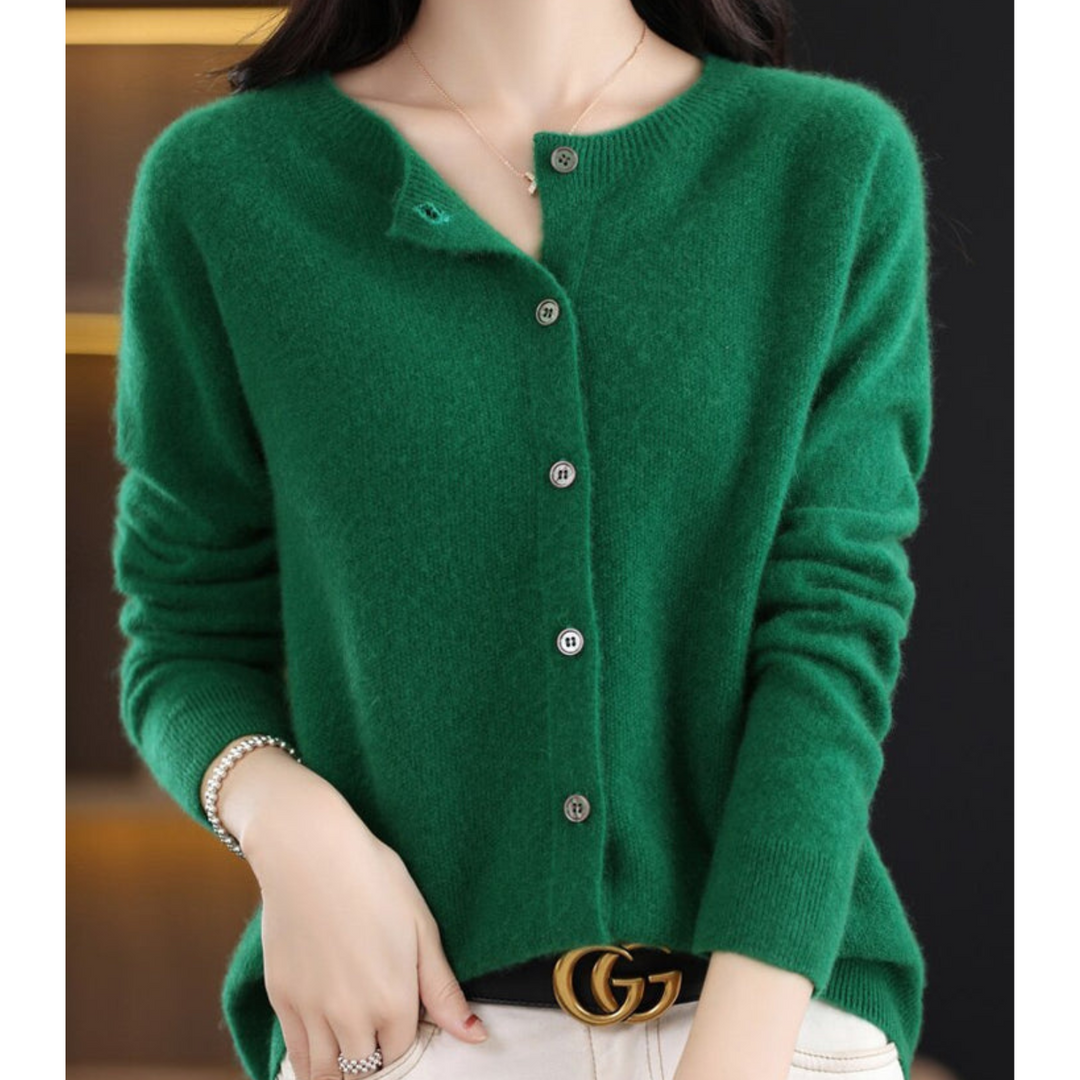 Women's long-sleeve button-front knit cardigan with ribbed trim