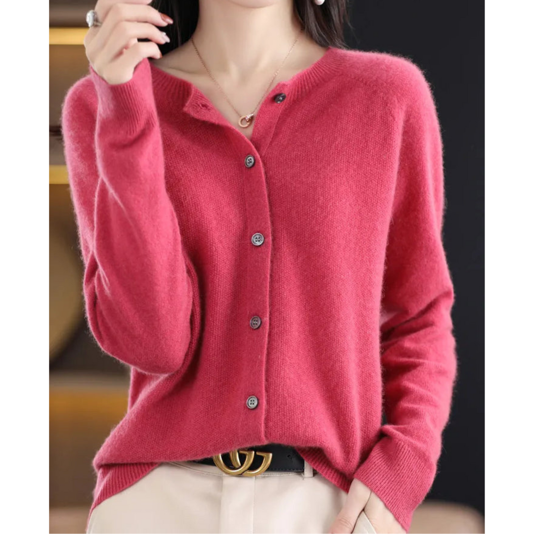 Women's long-sleeve button-front knit cardigan with ribbed trim