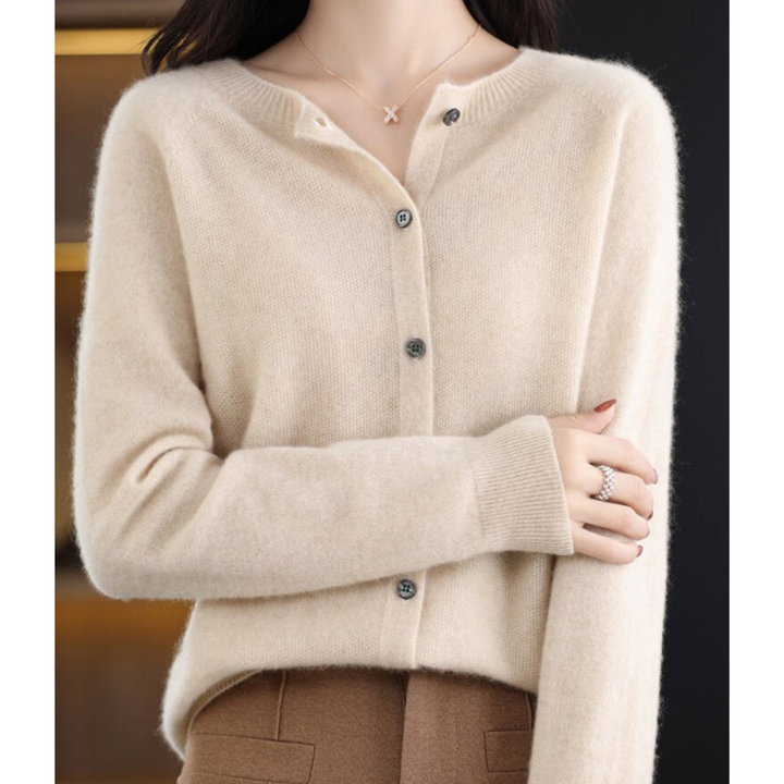 Women's long-sleeve button-front knit cardigan with ribbed trim