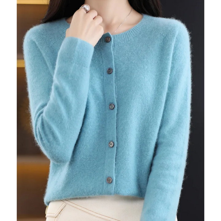 Women's long-sleeve button-front knit cardigan with ribbed trim