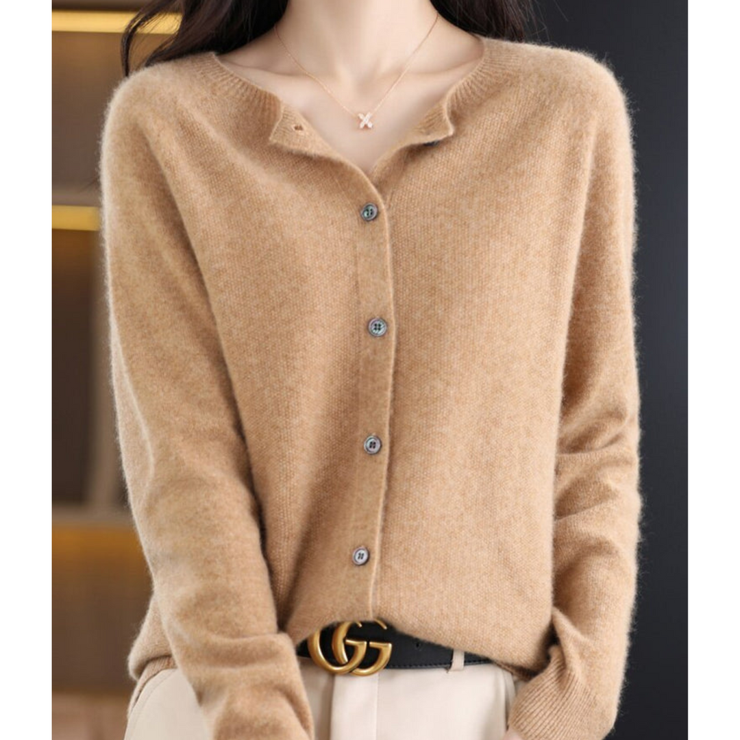 Women's long-sleeve button-front knit cardigan with ribbed trim