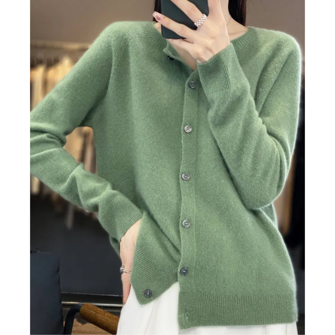 Women's long-sleeve button-front knit cardigan with ribbed trim