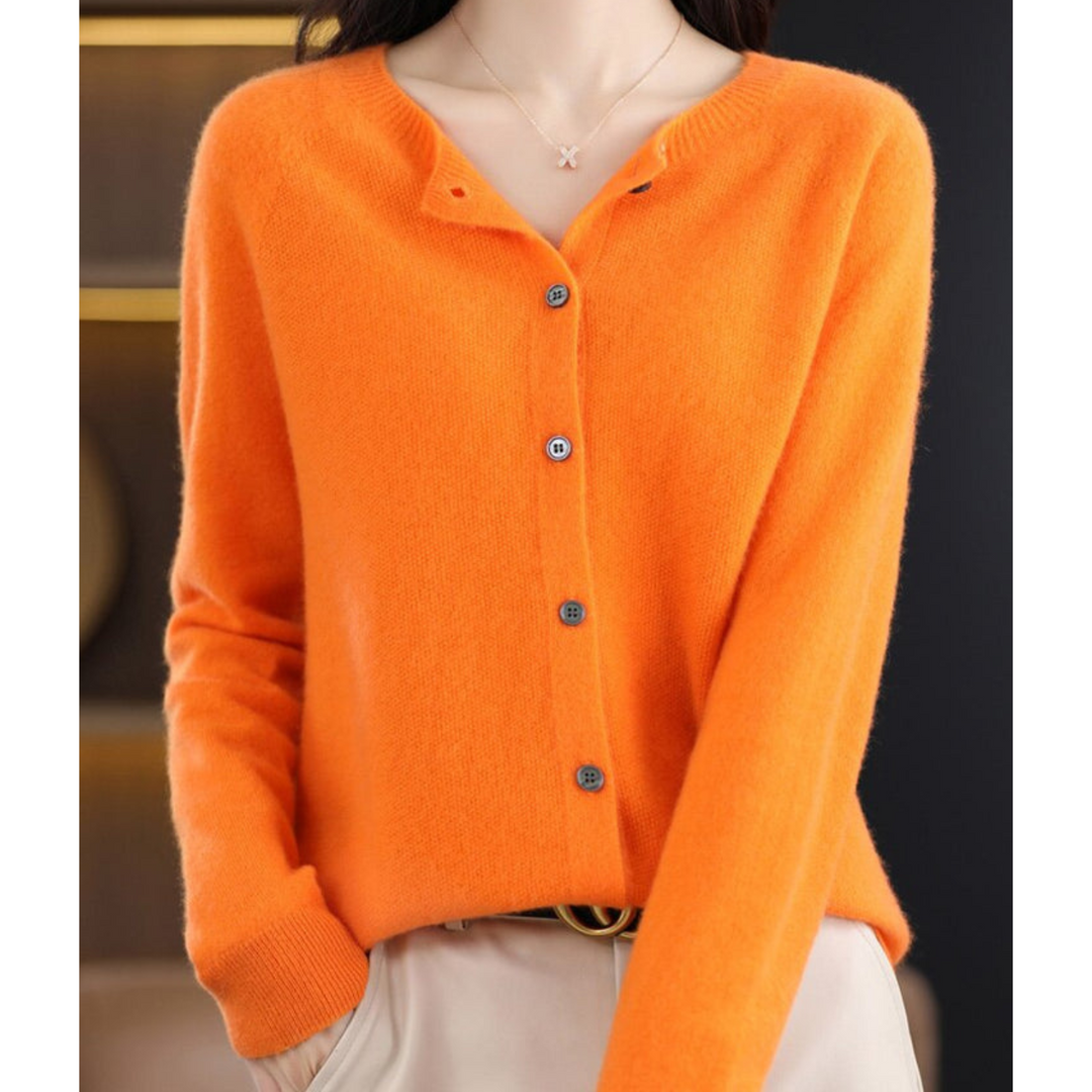 Women's long-sleeve button-front knit cardigan with ribbed trim