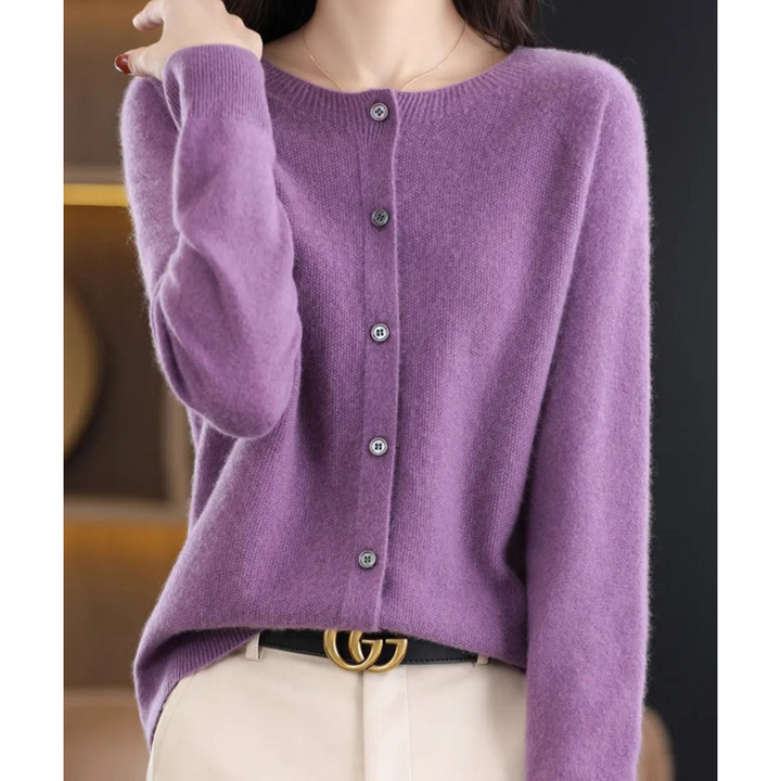 Women's long-sleeve button-front knit cardigan with ribbed trim