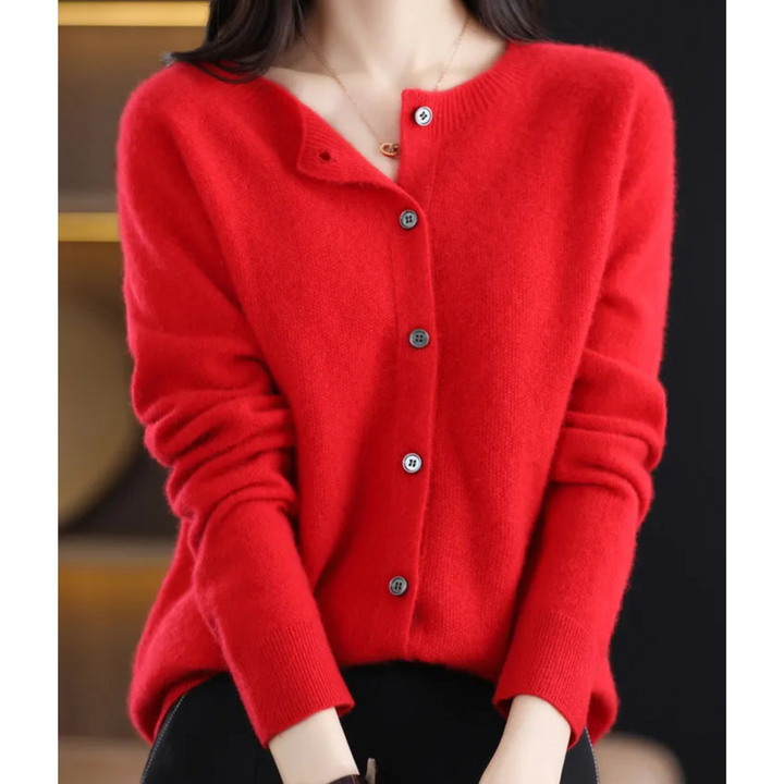Women's long-sleeve button-front knit cardigan with ribbed trim