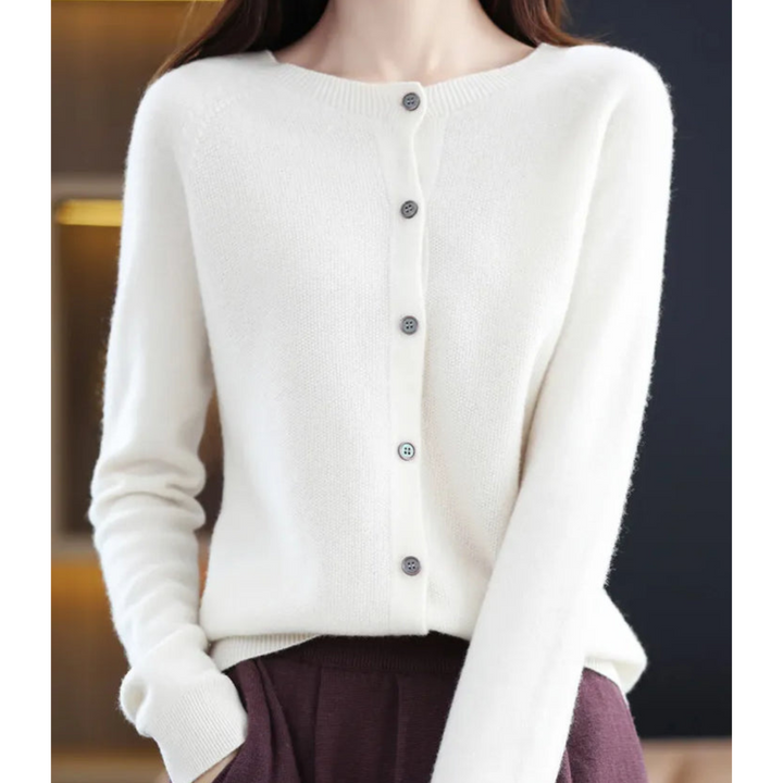 Women's long-sleeve button-front knit cardigan with ribbed trim