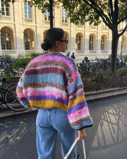 Women's multicolour striped open front knitted cardigan with long balloon sleeves