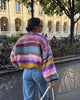 Women's multicolour striped open front knitted cardigan with long balloon sleeves