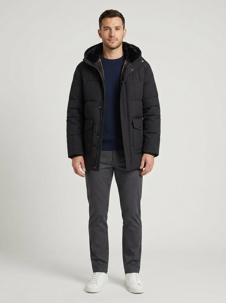 Men's black quilted puffer jacket with hood and plush lining