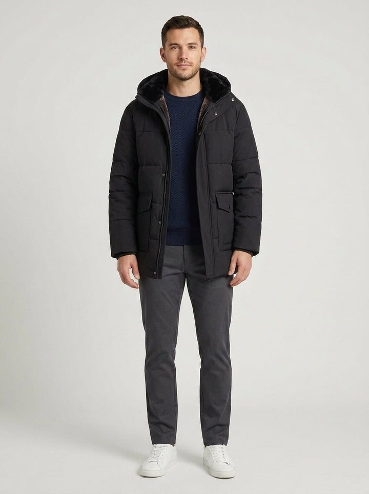Men's black quilted puffer jacket with hood and plush lining