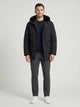 Men's black quilted puffer jacket with hood and plush lining