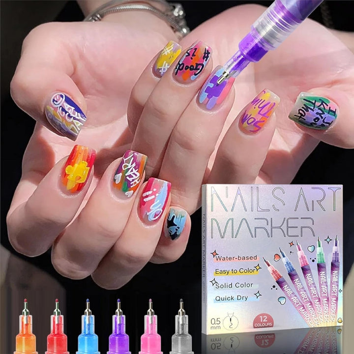 Set of 12 colourful water-based nail art pens with fine tips and storage box