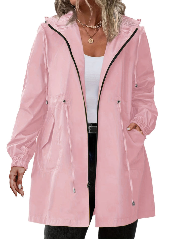 Women's longline hooded raincoat with drawstring waist