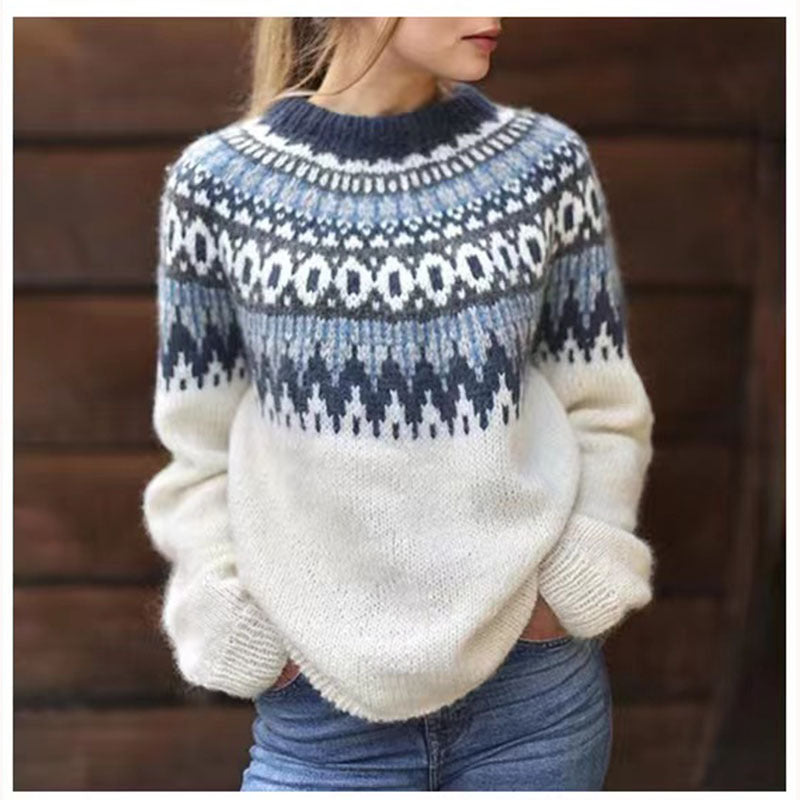 Women's geometric Fair Isle crew neck sweater with long sleeves