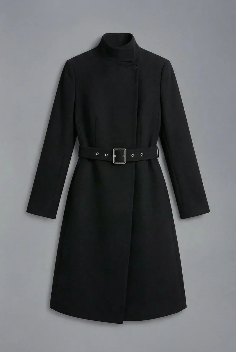 Women's black high neck asymmetric belted coat