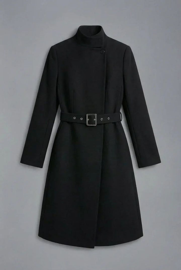 Women's black high neck asymmetric belted coat