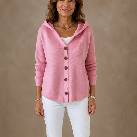 Women's hooded button cardigan with long sleeves and front pockets