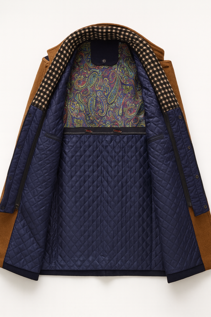 Men's textured button-front overcoat with Mandarin collar and contrast trim