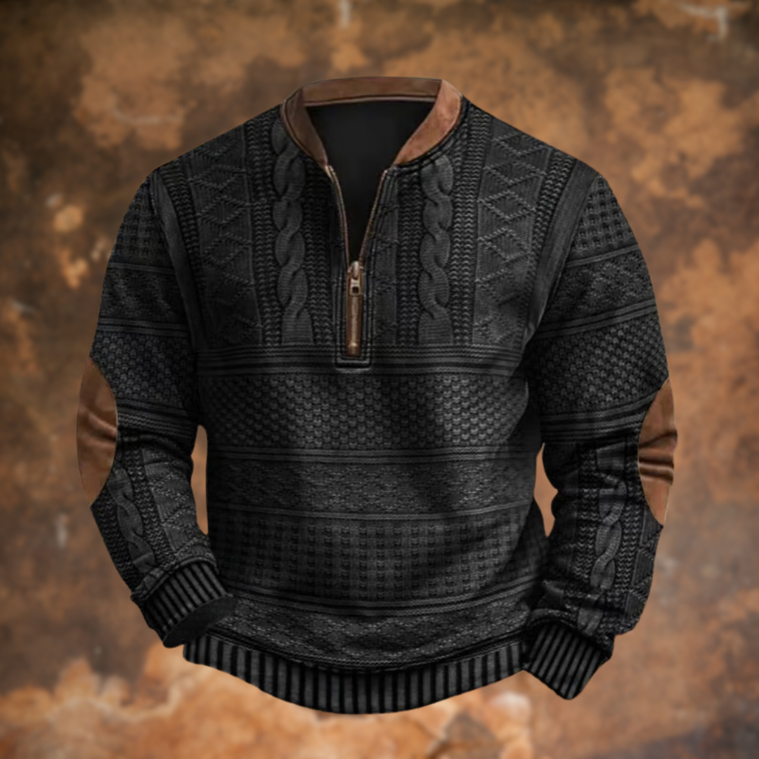 Men's long-sleeve quarter-zip sweater with stand collar, patterned panels and ribbed trims