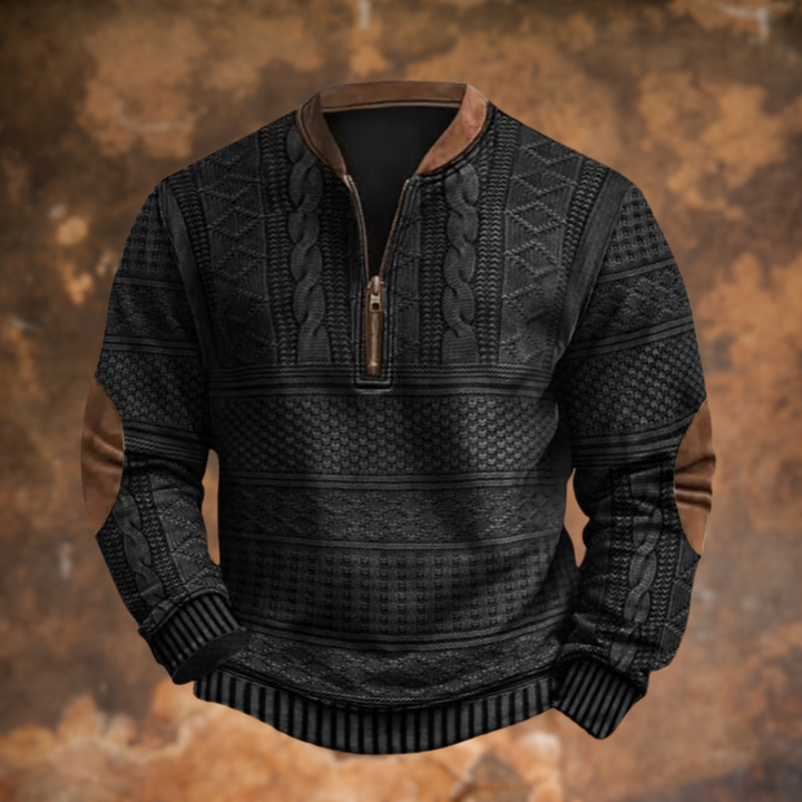 Men's long-sleeve quarter-zip sweater with stand collar, patterned panels and ribbed trims