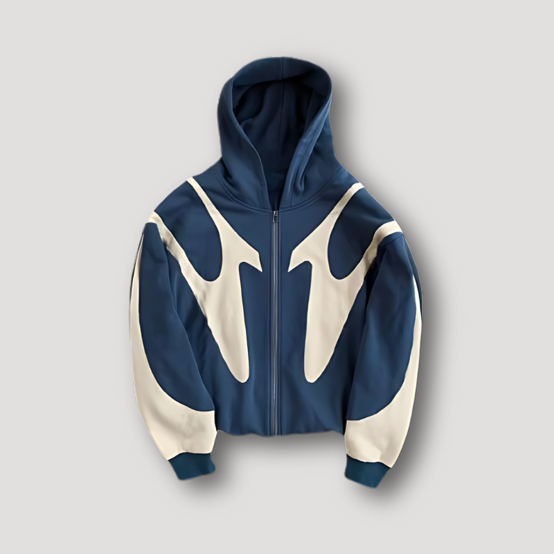 Hooded zip-up hoodie with contrasting graphic panels