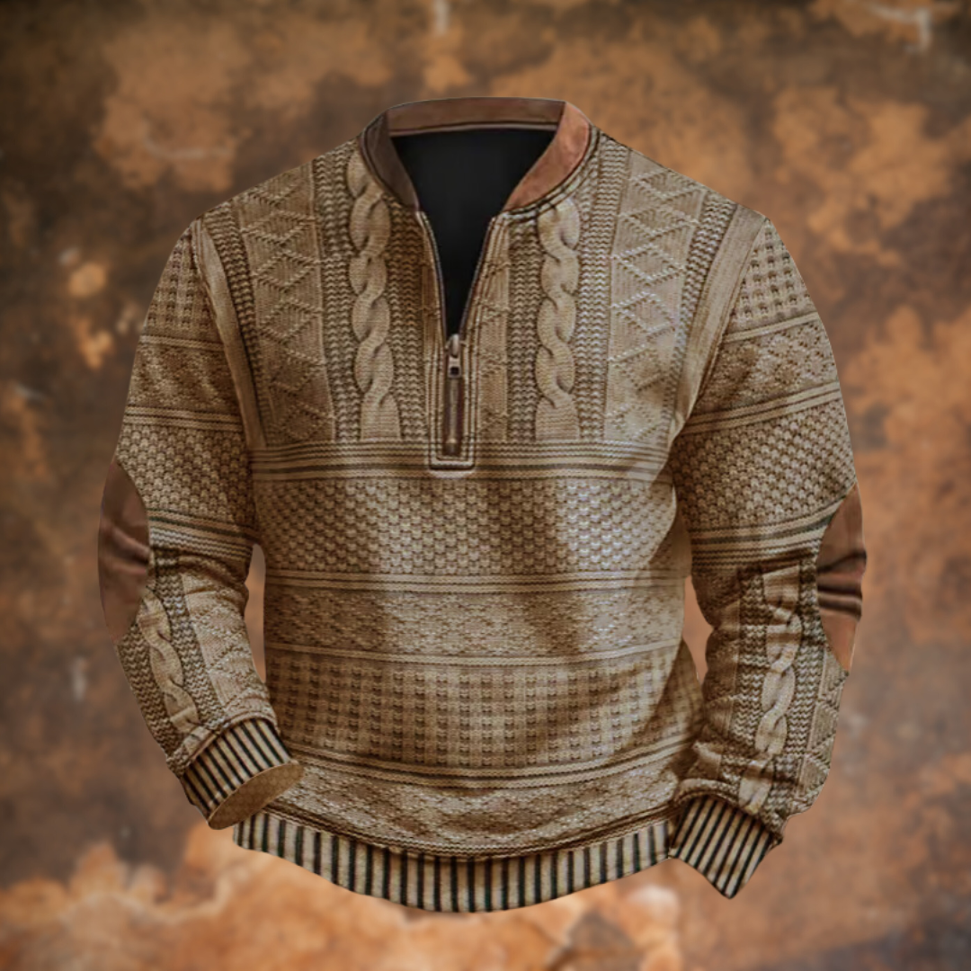 Men's long-sleeve quarter-zip sweater with stand collar, patterned panels and ribbed trims