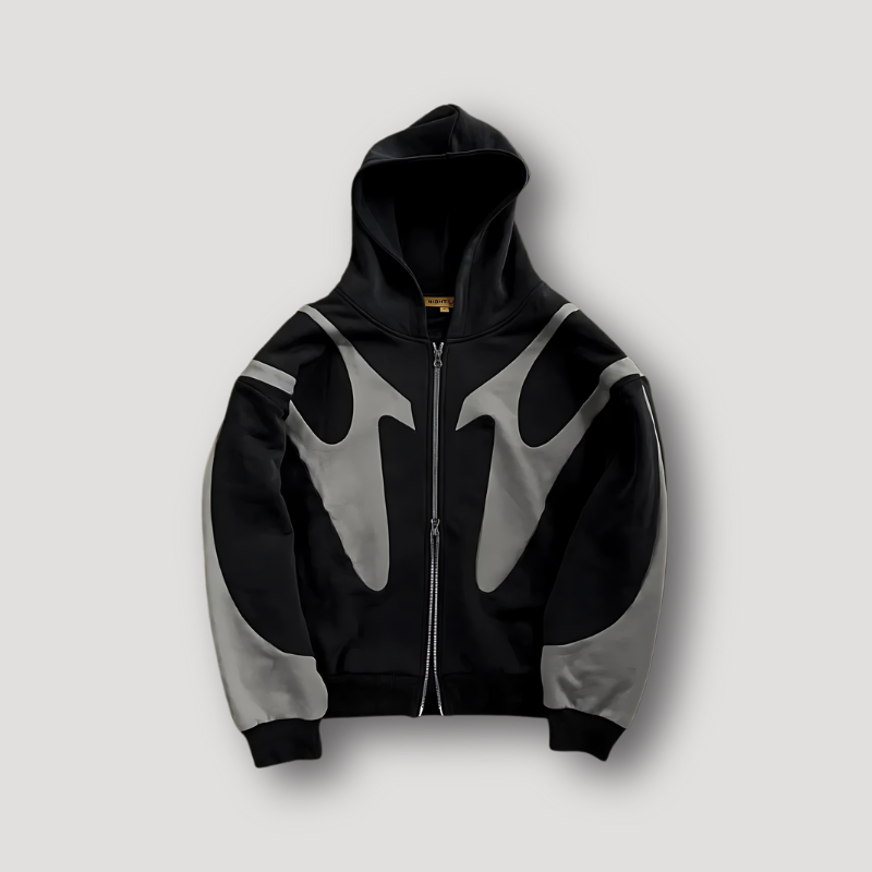 Hooded zip-up hoodie with contrasting graphic panels