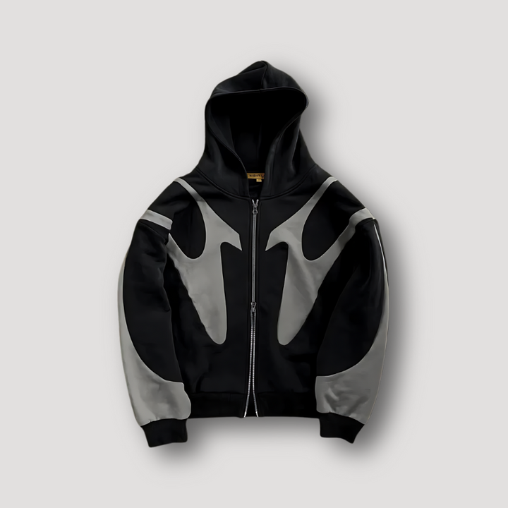 Hooded zip-up hoodie with contrasting graphic panels