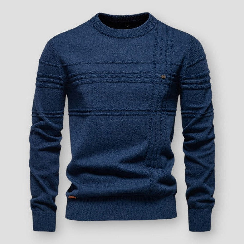 Men's long-sleeve crew neck sweater with textured ribbed detailing