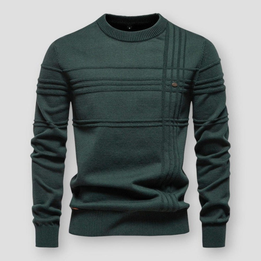 Men's long-sleeve crew neck sweater with textured ribbed detailing