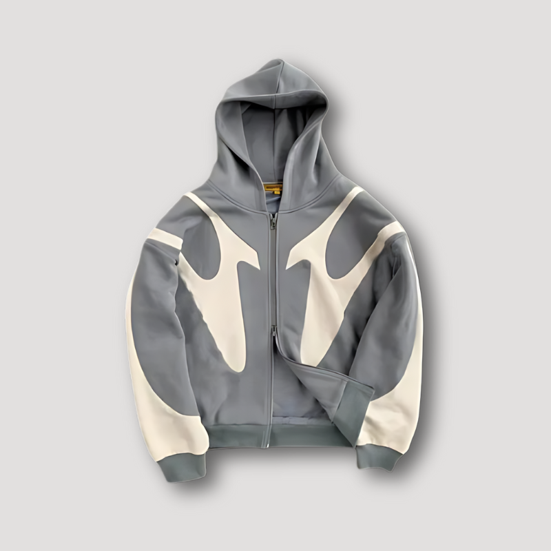 Hooded zip-up hoodie with contrasting graphic panels
