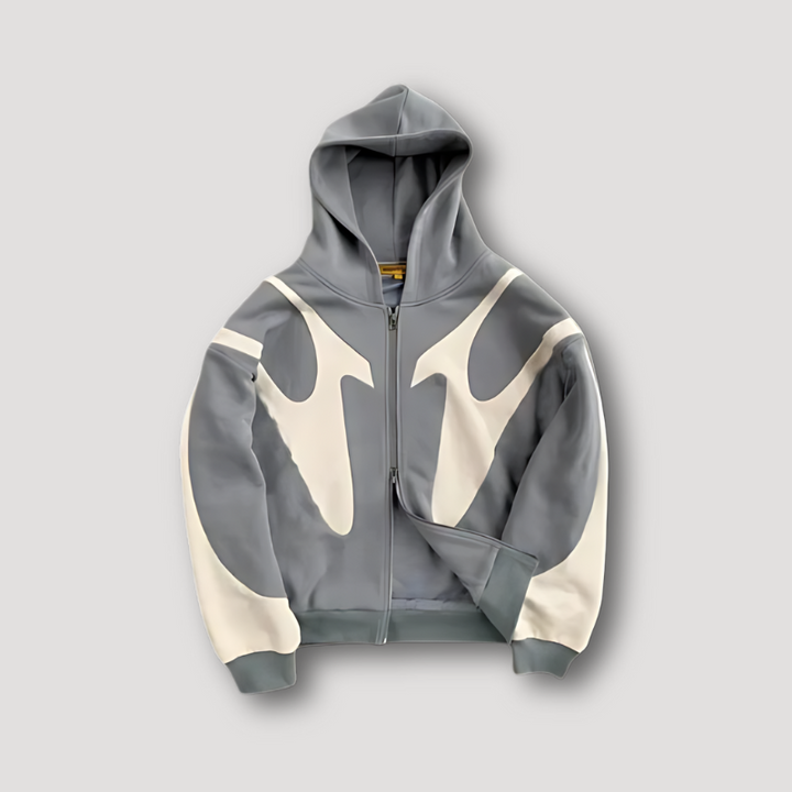 Hooded zip-up hoodie with contrasting graphic panels