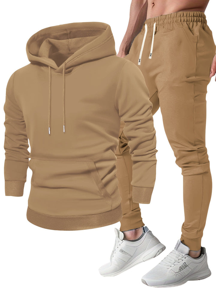 Men's hooded sweatshirt and jogger trouser set with drawstring details and cuffed ankles