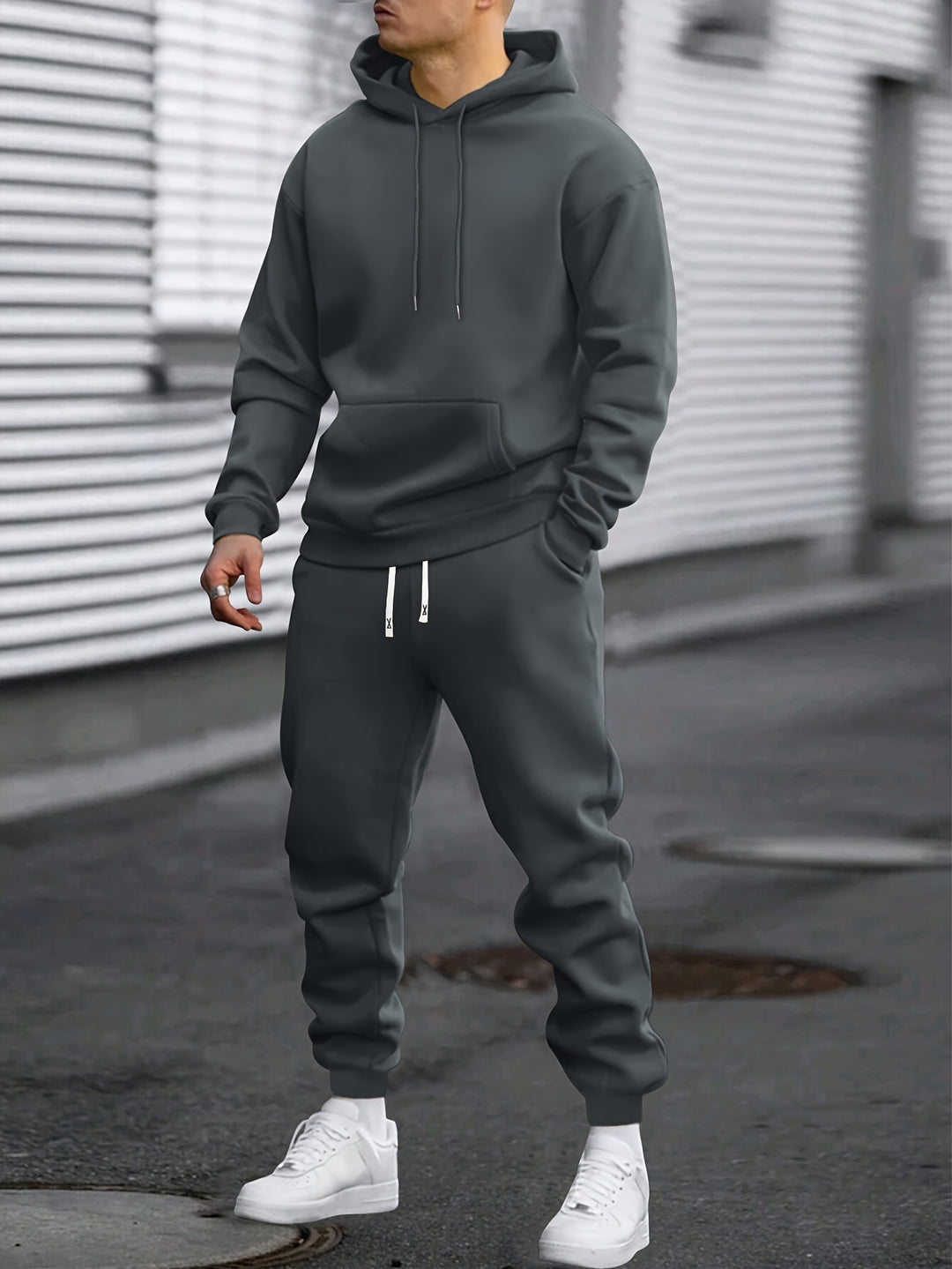 Men's hooded sweatshirt and jogger trouser set with drawstring details and cuffed ankles