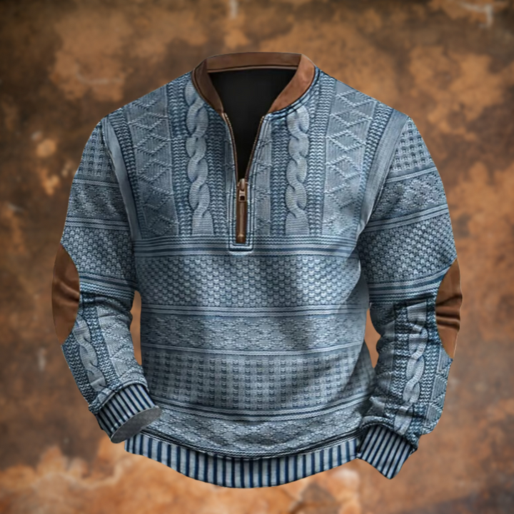 Men's long-sleeve quarter-zip sweater with stand collar, patterned panels and ribbed trims