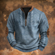 Men's long-sleeve quarter-zip sweater with stand collar, patterned panels and ribbed trims