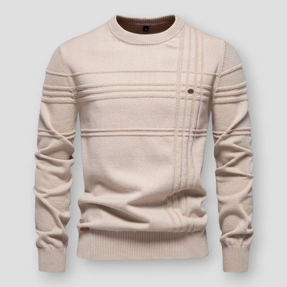 Men's long-sleeve crew neck sweater with textured ribbed detailing