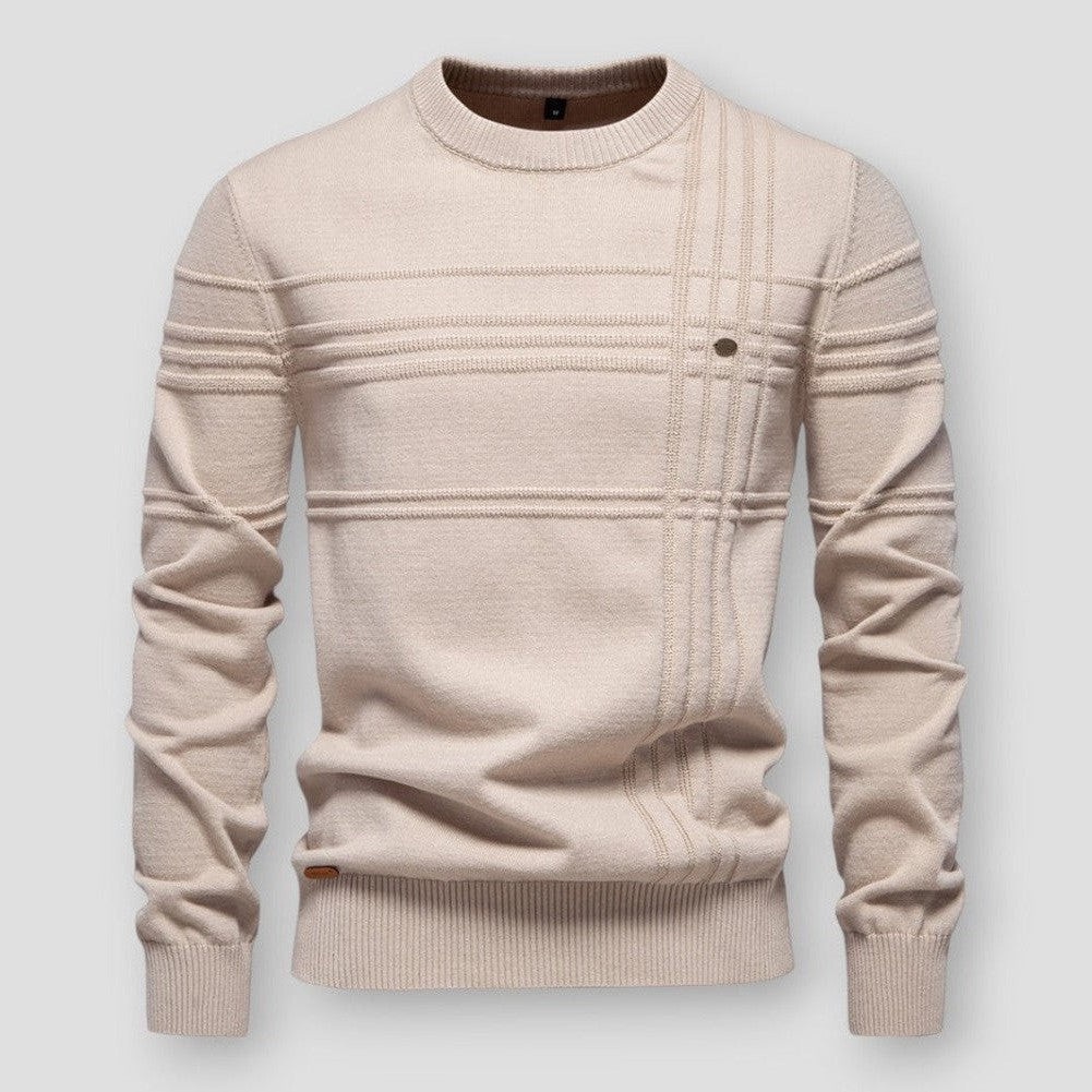 Men's long-sleeve crew neck sweater with textured ribbed detailing