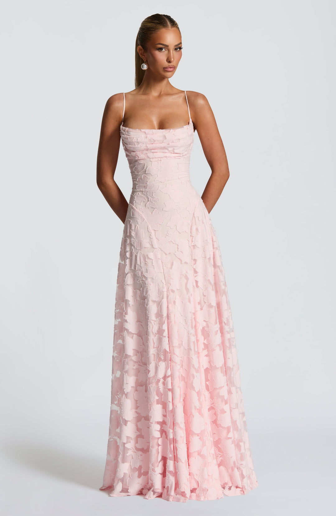 Women's embroidered lace maxi dress with sweetheart neckline and train