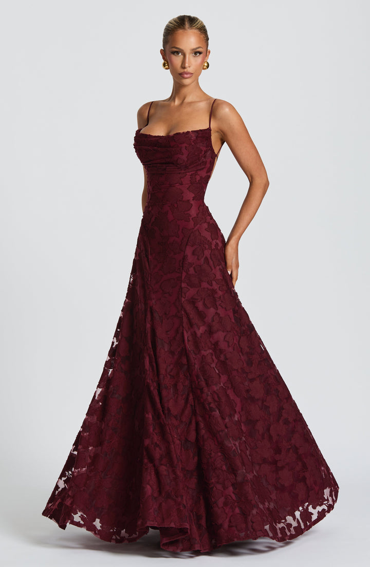 Women's embroidered lace maxi dress with sweetheart neckline and train