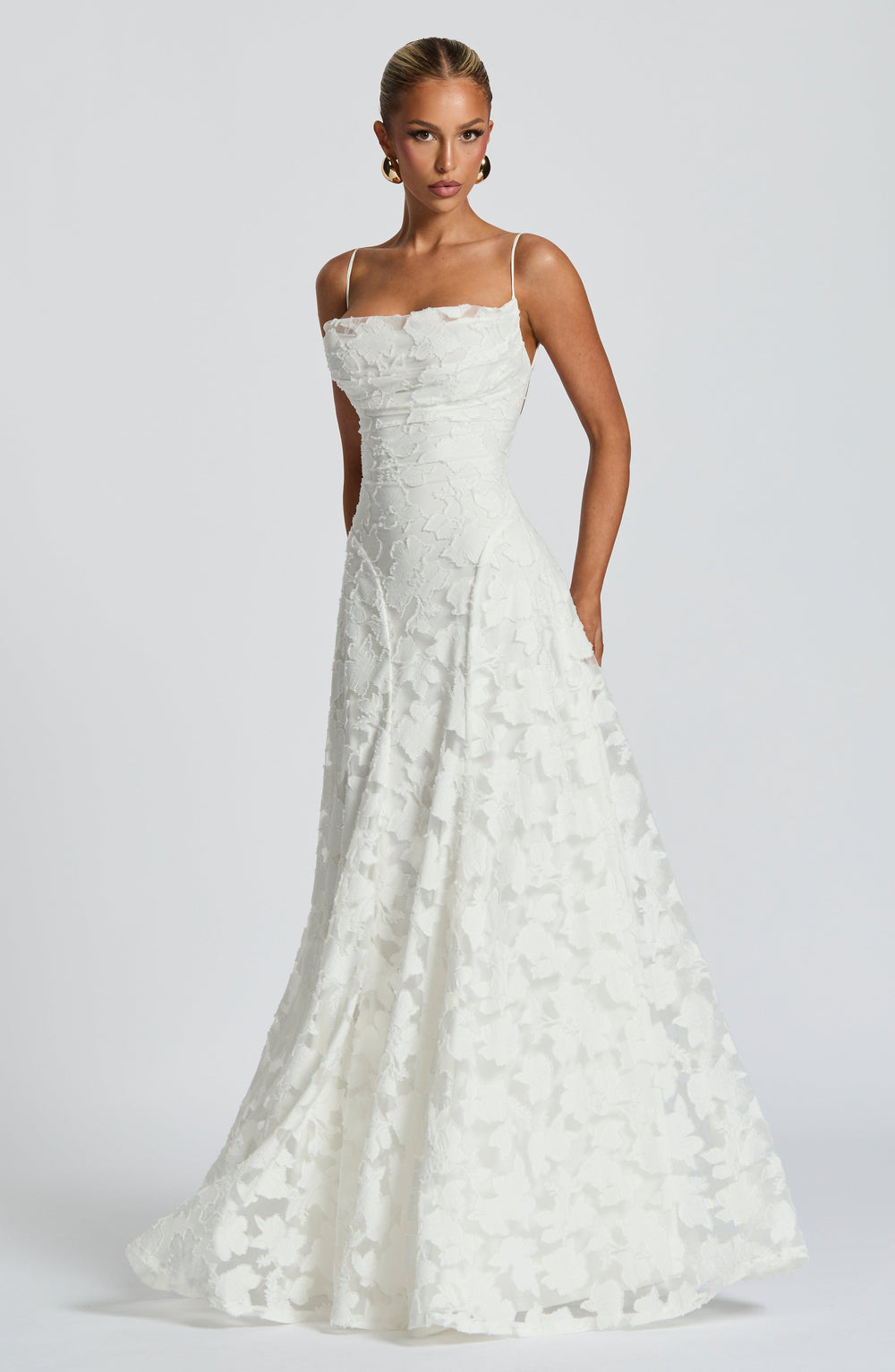 Women's embroidered lace maxi dress with sweetheart neckline and train