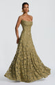 Women's embroidered lace maxi dress with sweetheart neckline and train