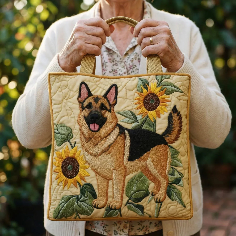 Quilted tote bag with German Shepherd and sunflower embroidery