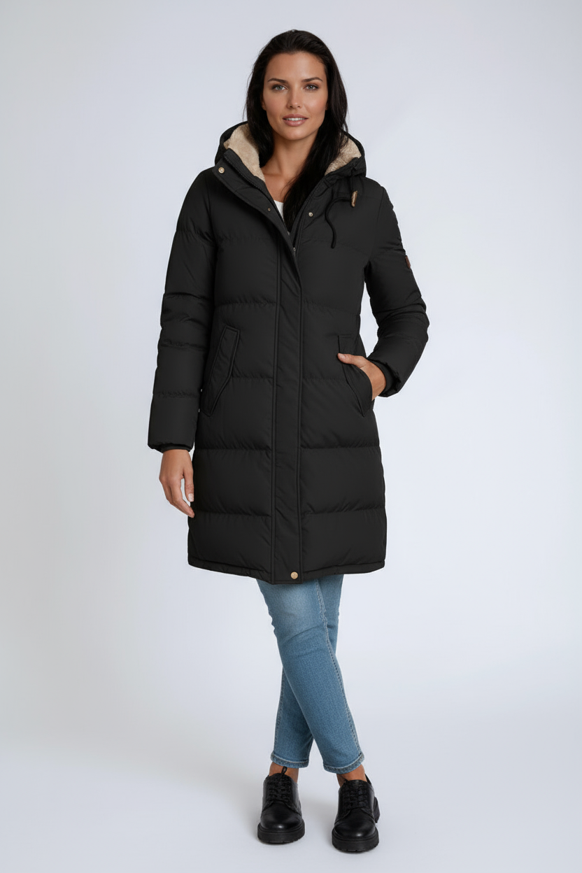 Women's mid-length hooded puffer coat with quilted panels