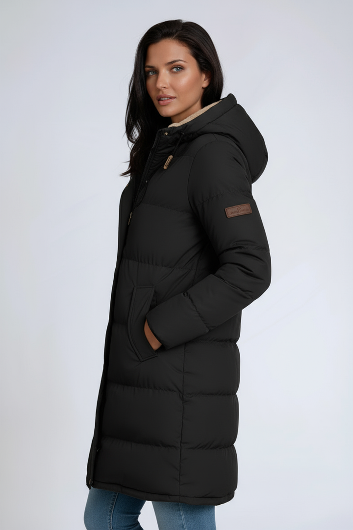 Women's mid-length hooded puffer coat with quilted panels