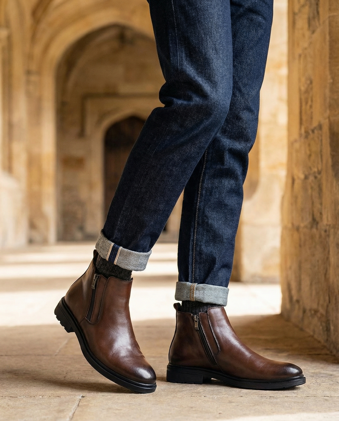 Ankle boots with side zippers, rounded toes, low heels and rear pull tabs