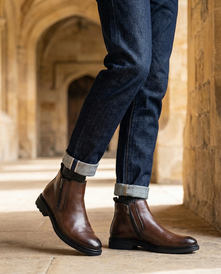 Ankle boots with side zippers, rounded toes, low heels and rear pull tabs