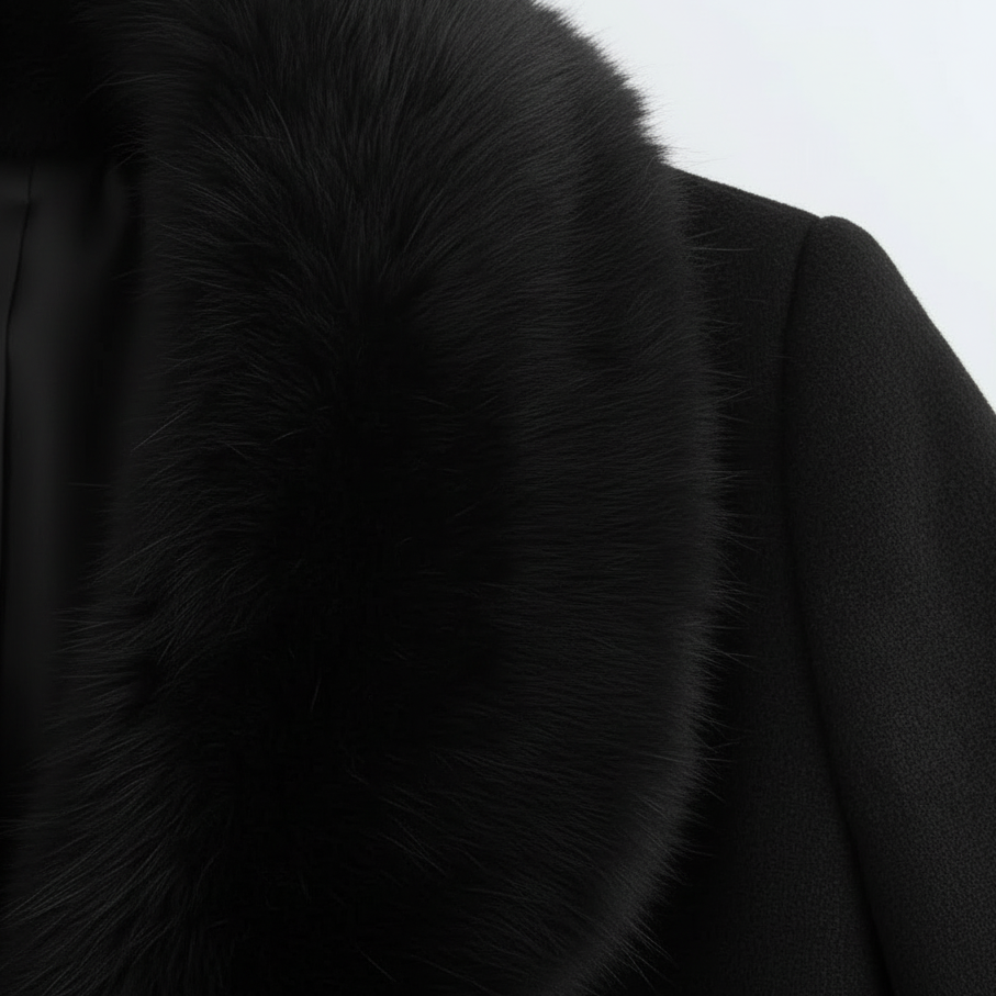 Women's long wrap coat with fur-textured shawl collar and belted waist